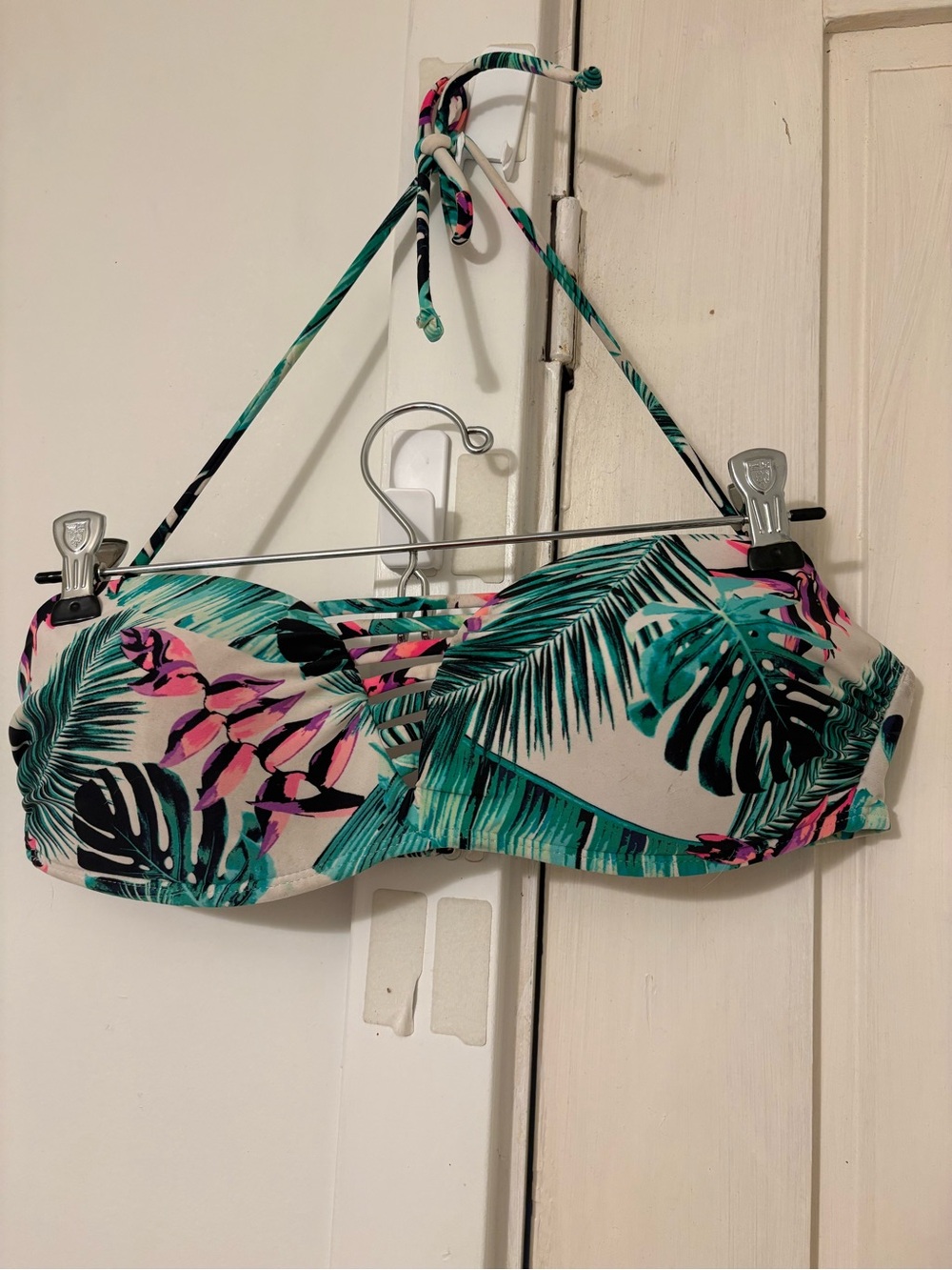 Tropical Leaf Bandeau Bikini Top and Bottoms- Green, Pink, Black